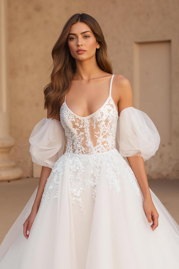 Ivoire spaghetti bretelles bal robe de bal balayage traîne robe de mariée avec dentelle